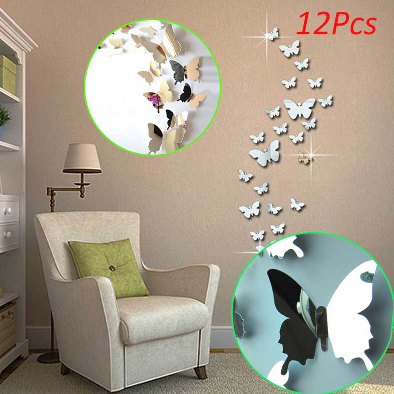 Plata 24 Piezas 3D Mariposa Pegatinas de Pared Decoración de Pared de Mariposa para Decoración de Fiestas y Habitaciones 