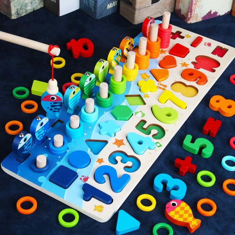 Montessori Lernspiel Angelspiel aus Holz Zahlen Farben Formen Mathe ab 3 Jahren 